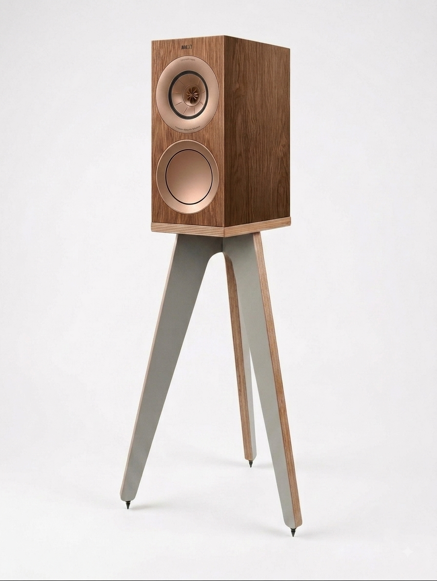 A modern bookshelf speaker on a tripod stand, featuring a medium brown wood-grain cabinet with rose gold speakers and light gray legs with wood accents, set against a plain white background.